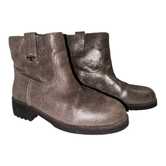 Tory Burch Wayland Ankle Boots Metallic Pewter Leather Lamb Shearling 10 M - Picture 1 of 6